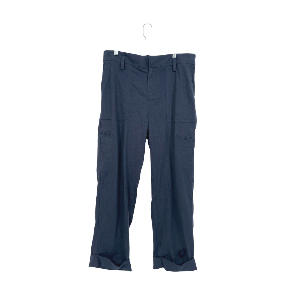 Vince Mid Rise Utility Trousers Navy Blue Linen Blend Large
